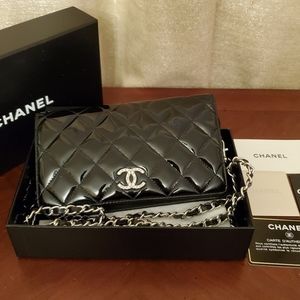 Authentic Chanel Matelasse Black Patent Leather Long Wallet on Chain